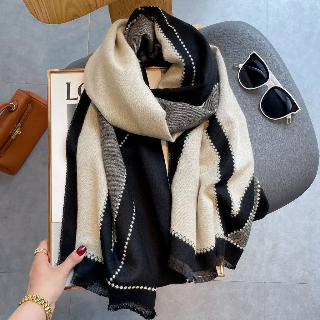 Cotton Contrast-Border Raw-Hem Scarf