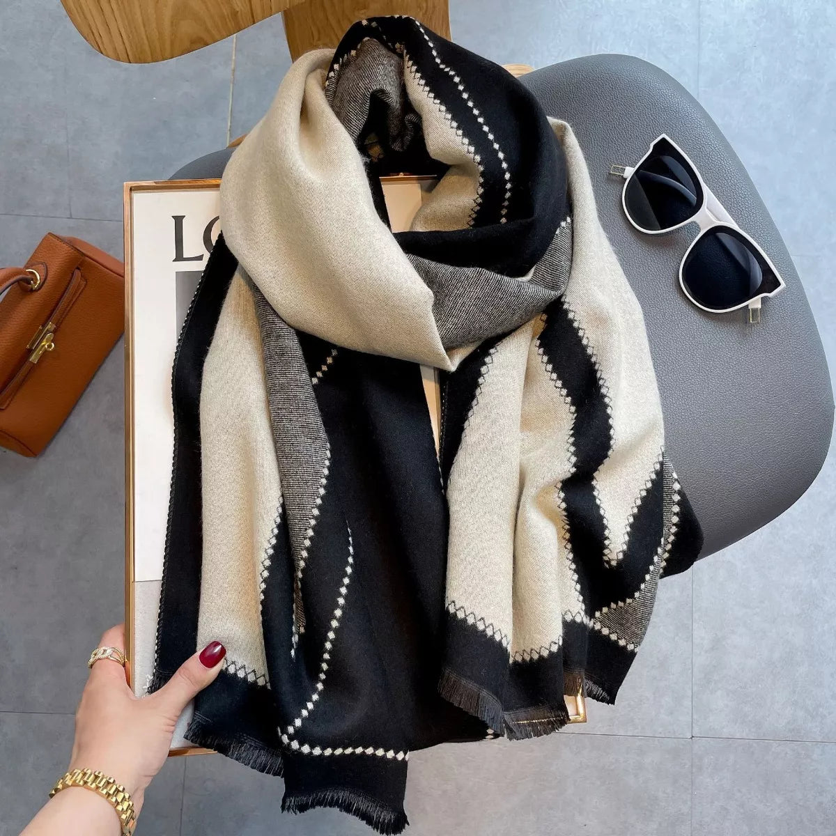Cotton Contrast-Border Raw-Hem Scarf