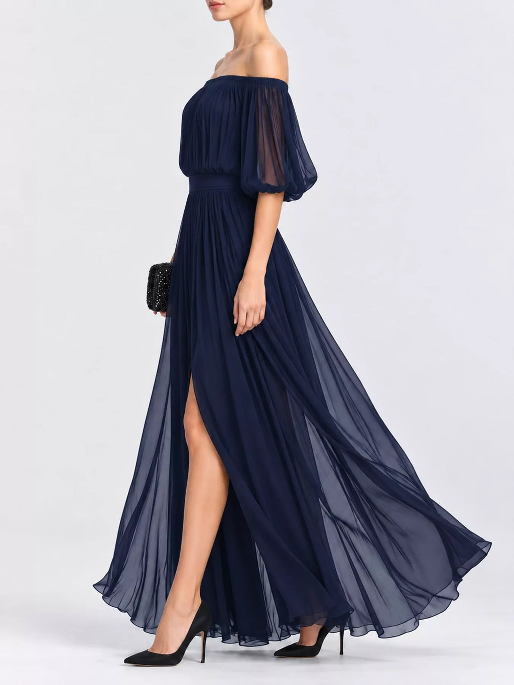Off-Shoulder Ruched Chiffon Maxi Dress