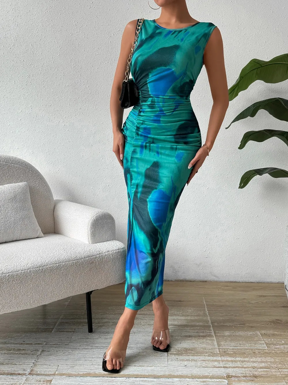 Honey Printed Round-Neck Slit Tank Dress