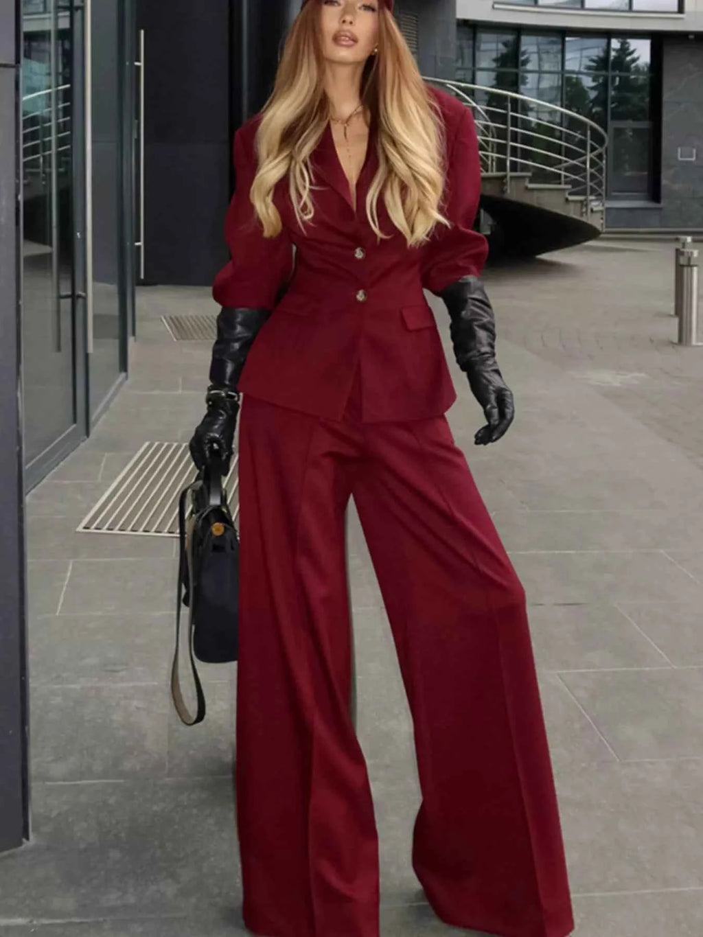 Single-Breasted Blazer & Wide-Leg Pants Set