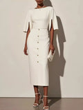 Slit-Sleeve Decorative-Button Midi Dress