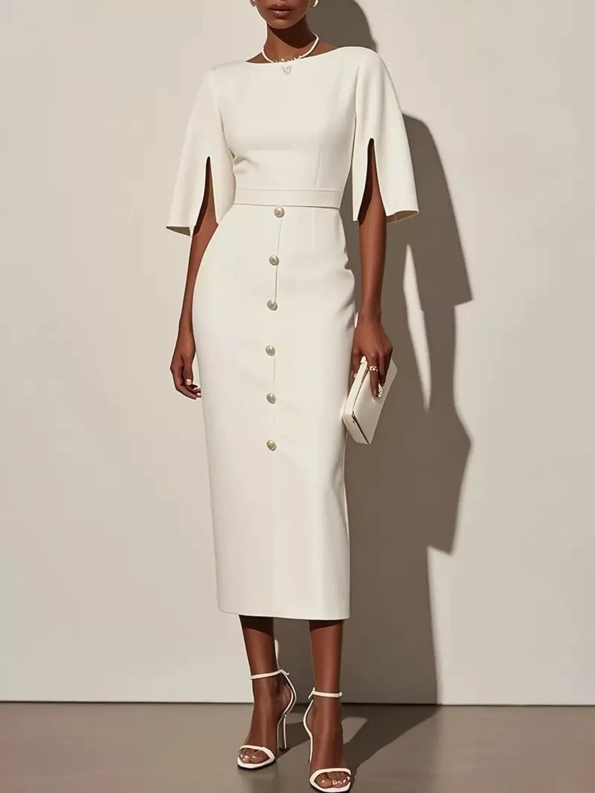 Slit-Sleeve Decorative-Button Midi Dress