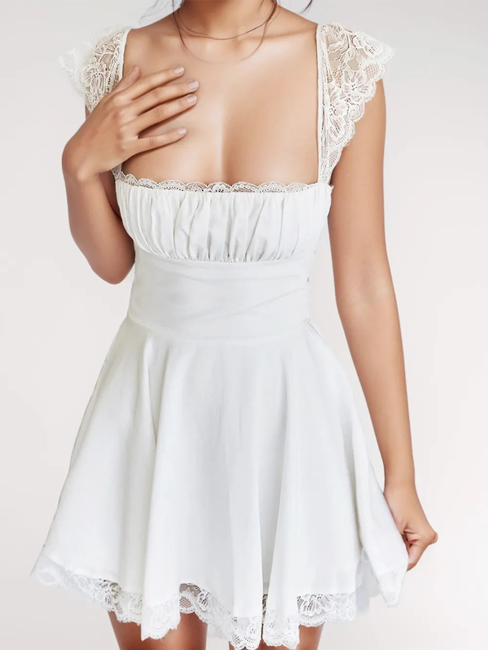 Lace-Detail Square-Neck Cap-Sleeve Mini Dress
