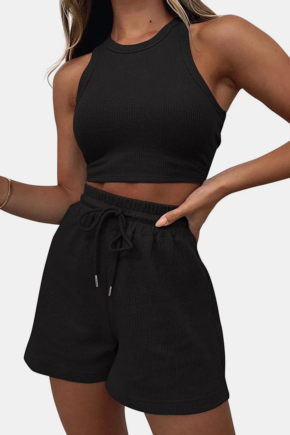 Round-Neck Crop Top & Drawstring Shorts Set