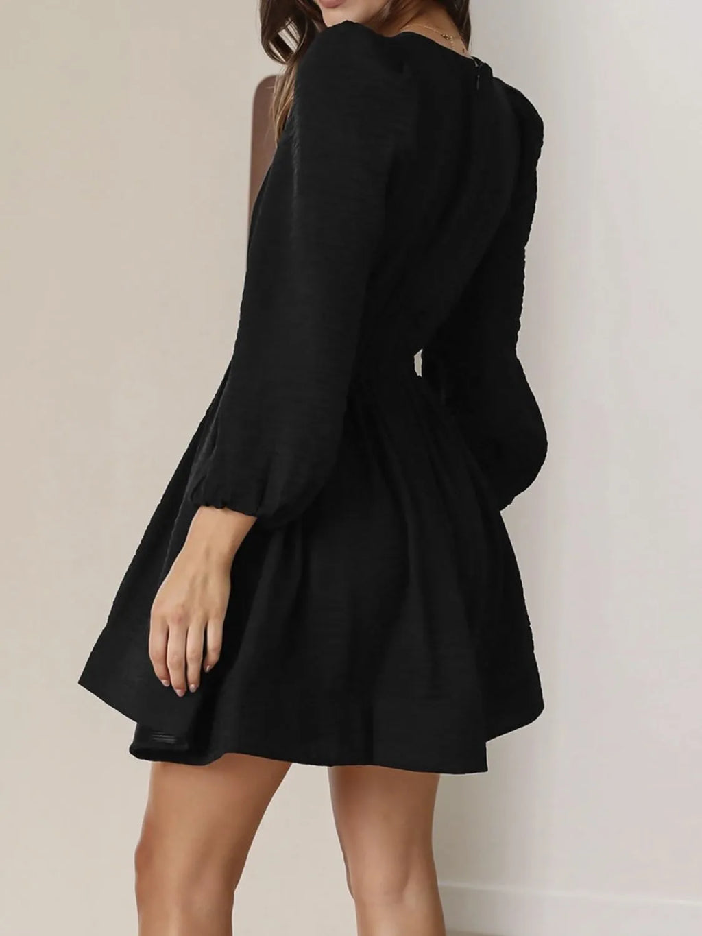Ruched V-Neck Balloon-Sleeve Mini Dress