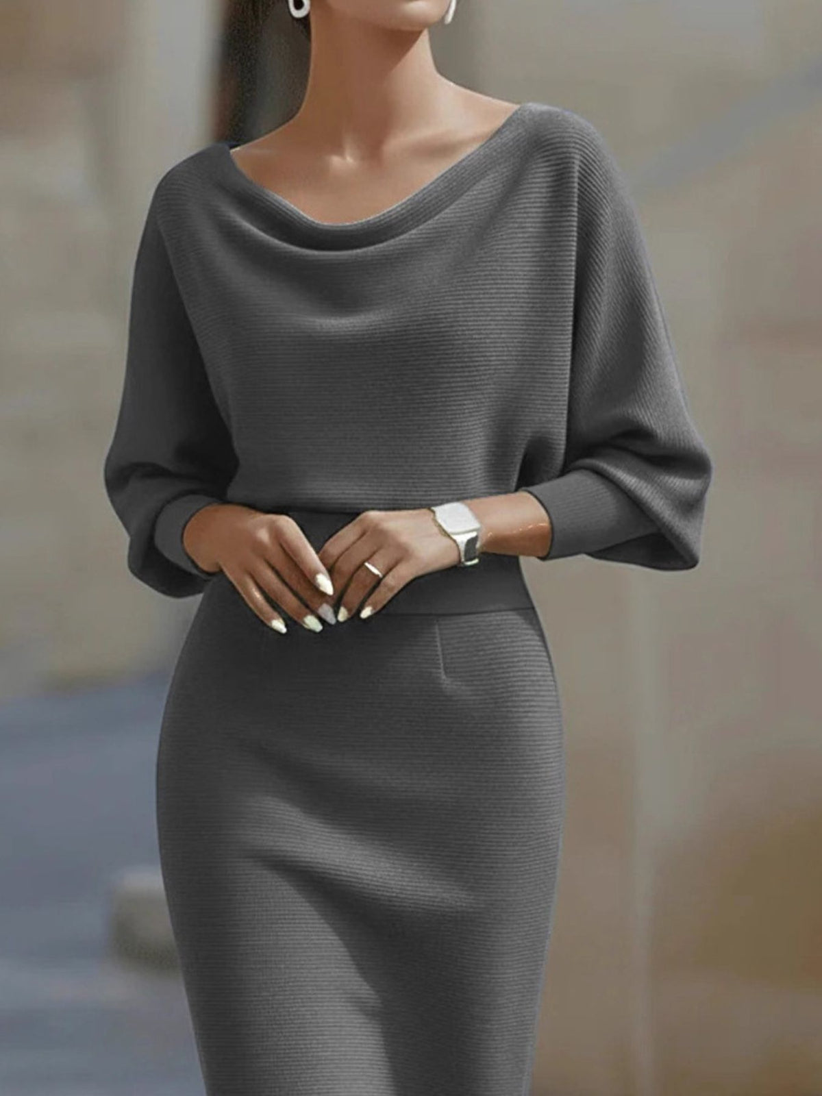 Cowl-Neck Knit Bodycon Midi Dress