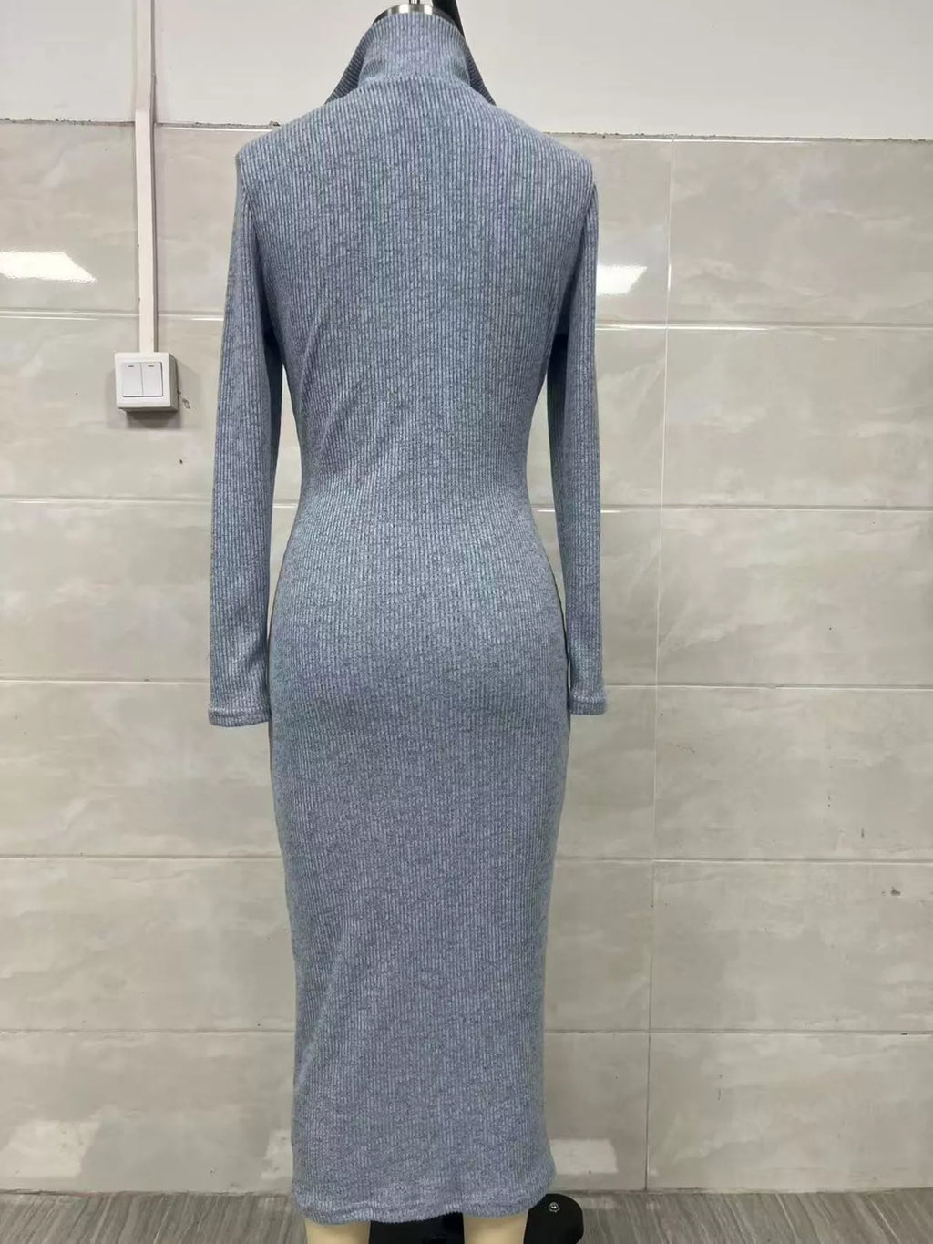 Ribbed V-Neck Long-Sleeve Sweater Midi Dress