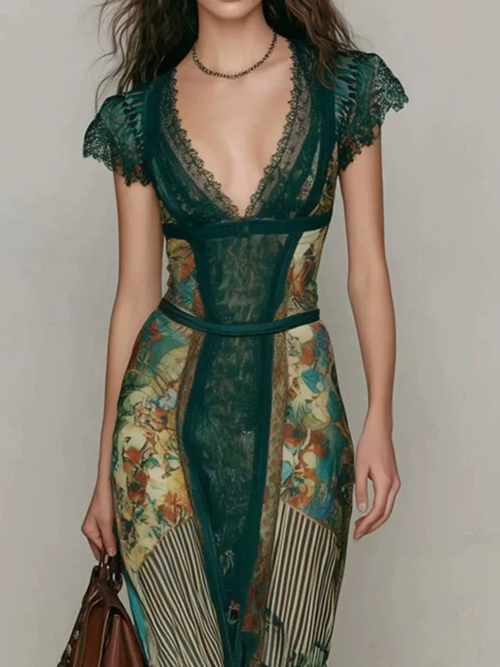 Green Lace-Detail Cap-Sleeve Maxi Dress