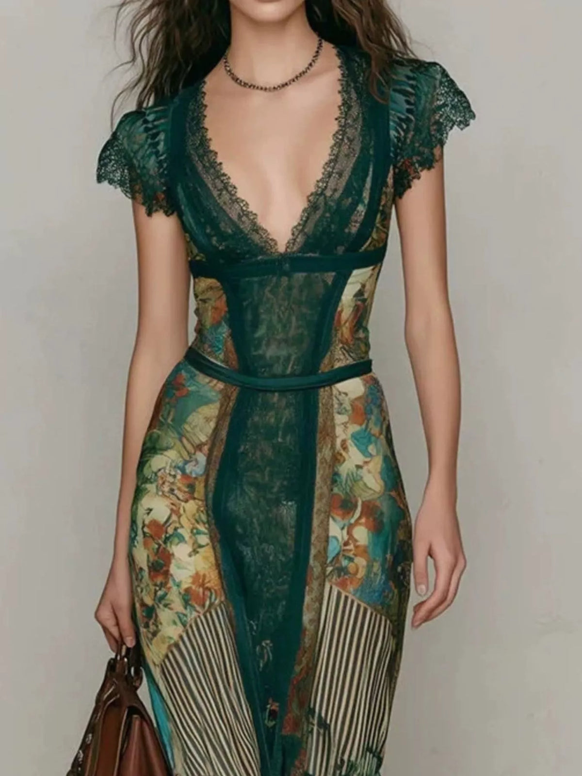 Green Lace-Detail Cap-Sleeve Maxi Dress
