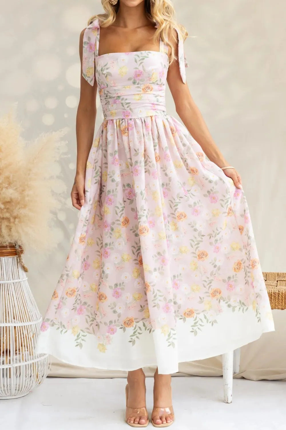 Printed Tie-Shoulder Cami Midi Dress