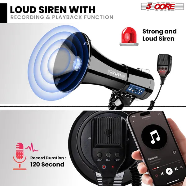 5 Core Megaphone 50W — Bluetooth Rechargeable Bullhorn with Siren, 1100 Yard Range — Prime Trend Market