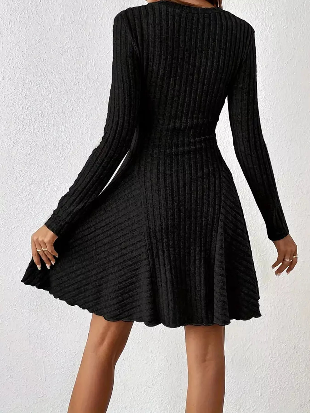 Long-Sleeve Ribbed Knit A-Line Mini Dress