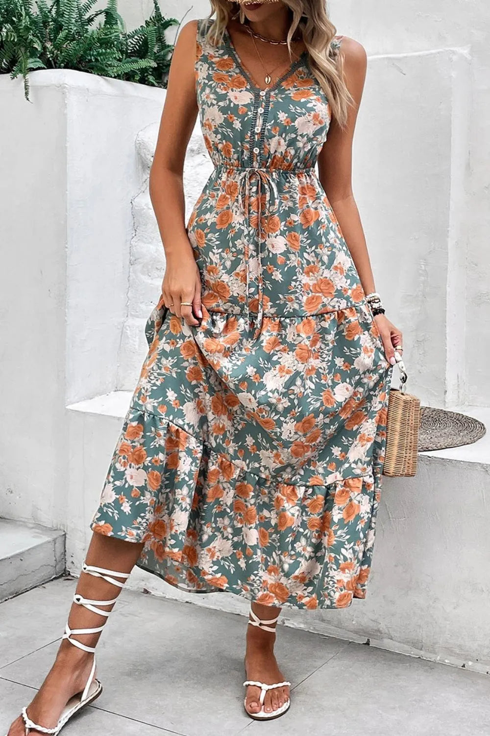 Floral V-Neck Tie-Waist Sleeveless Tiered Dress