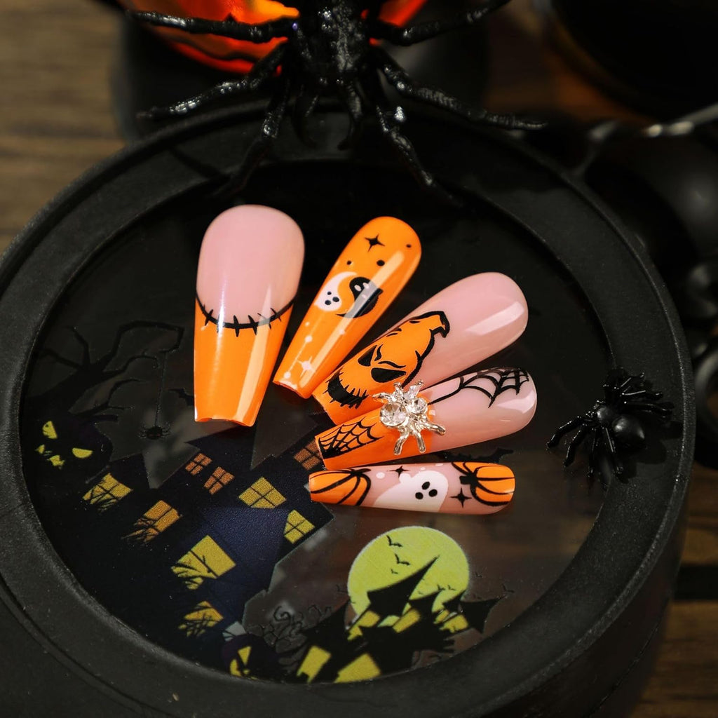 Halloween Press-On Nails – 24 PCS Pumpkin Bat Ghost Spider | Almond Ballerina, Reusable Acrylic — Prime Trend Market