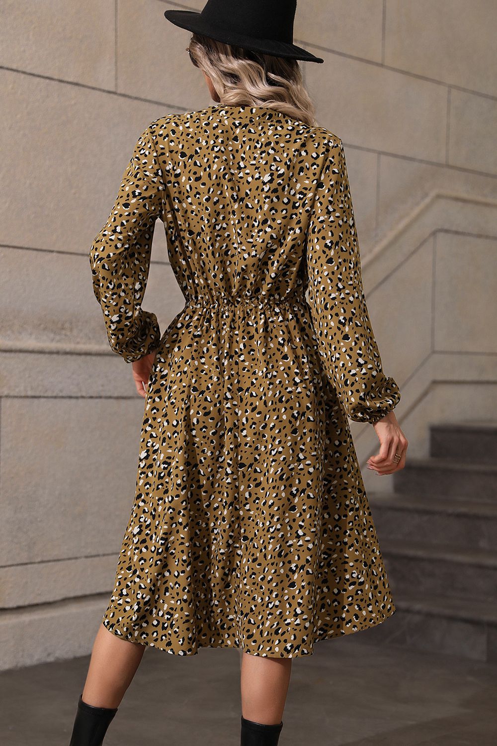 Olive Leopard-Print Drawstring Long-Sleeve Midi Dress