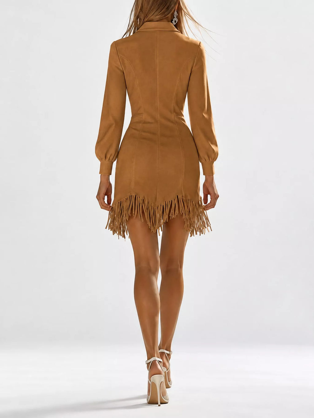 Zip-Front Long-Sleeve Fringe-Hem Mini Dress