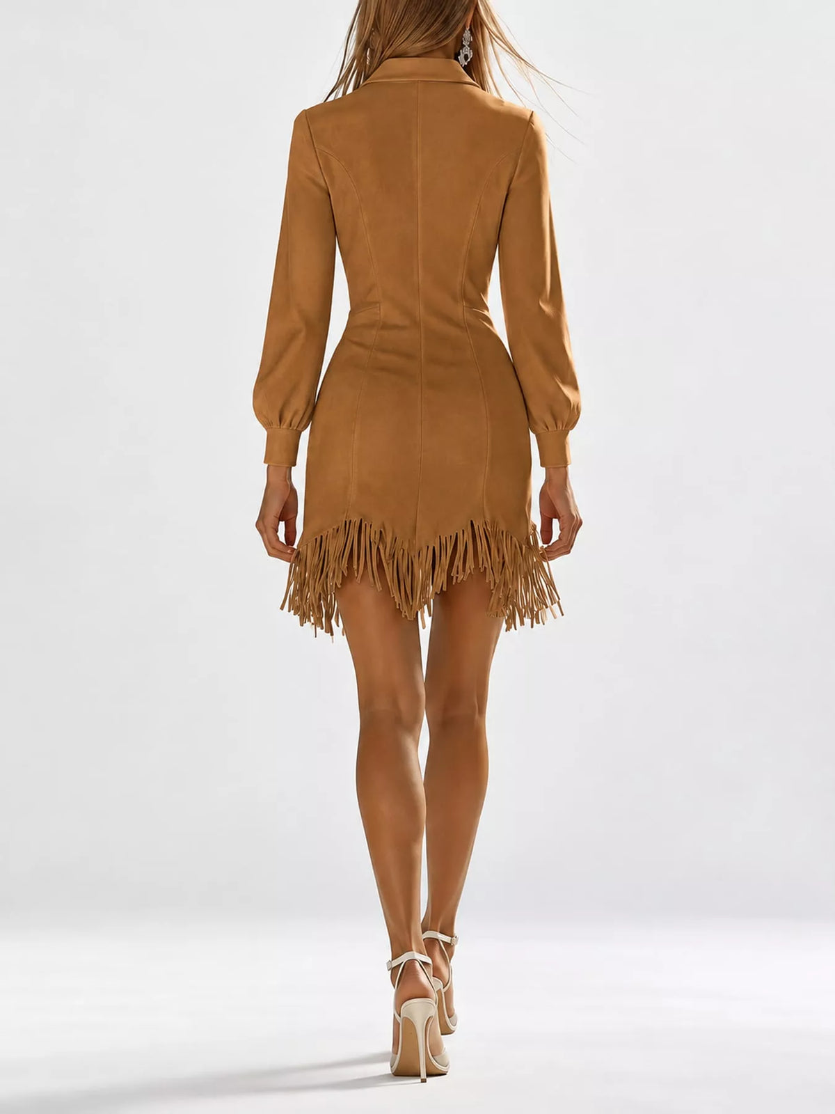 Zip-Front Long-Sleeve Fringe-Hem Mini Dress