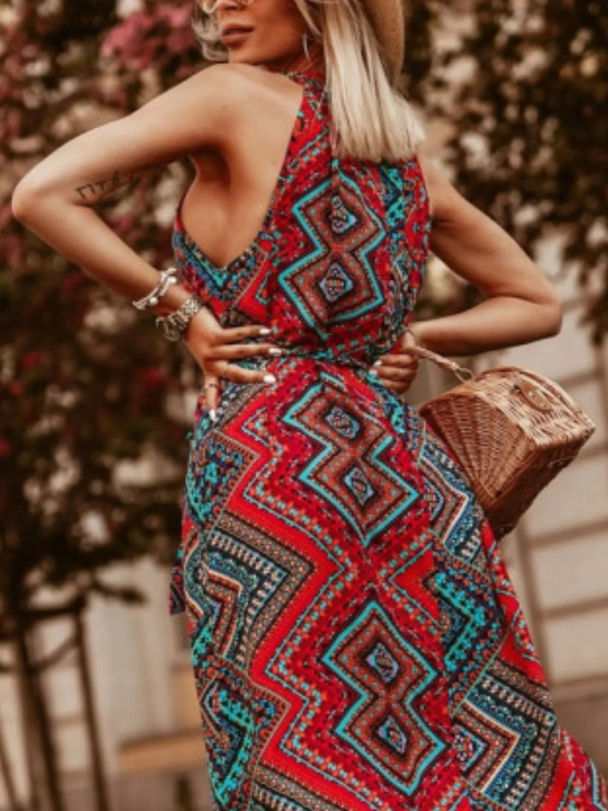 Tropical Floral Halter-Neck Tie-Waist Dress