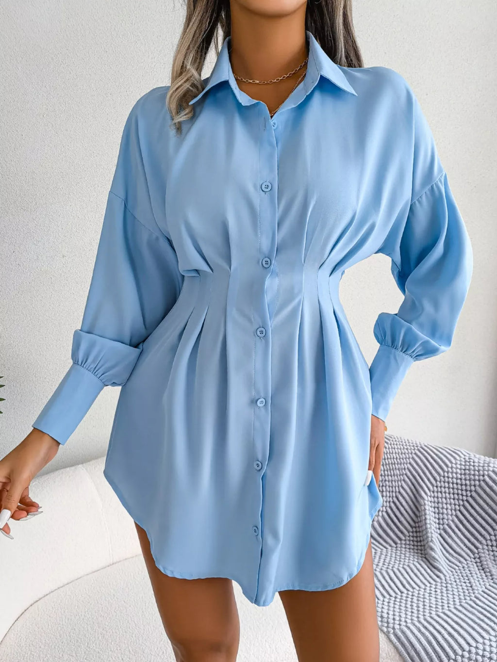 Button-Down Cinched-Waist Mini Shirt Dress