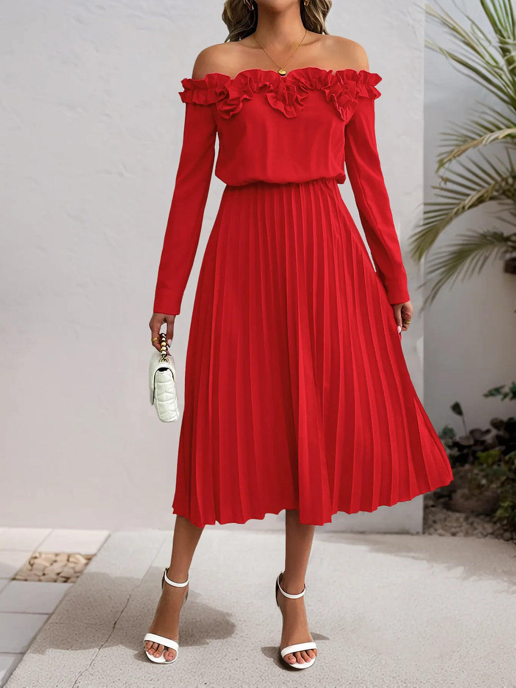 Red Off-Shoulder Ruffle Long-Sleeve Pleated Midi Dress