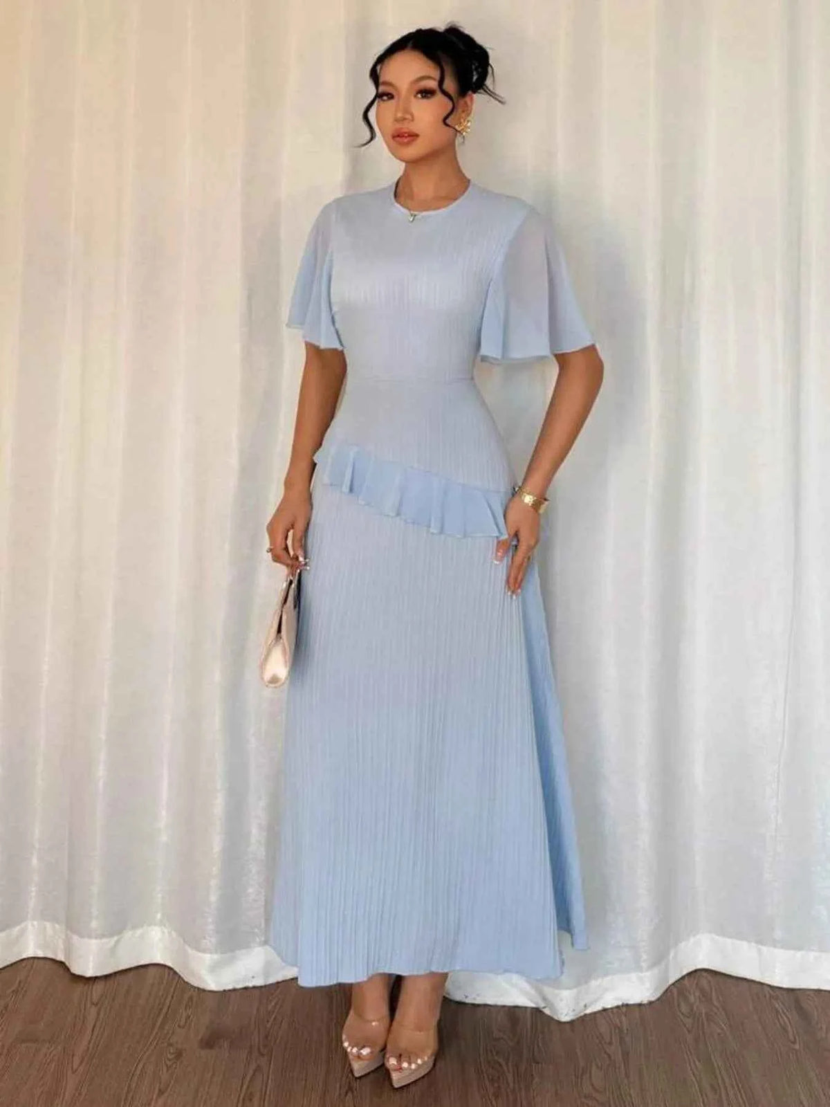 Light Blue Round-Neck Flutter-Sleeve Ruffled Dress