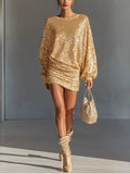 Sequin Long-Sleeve Ruched Mini Dress