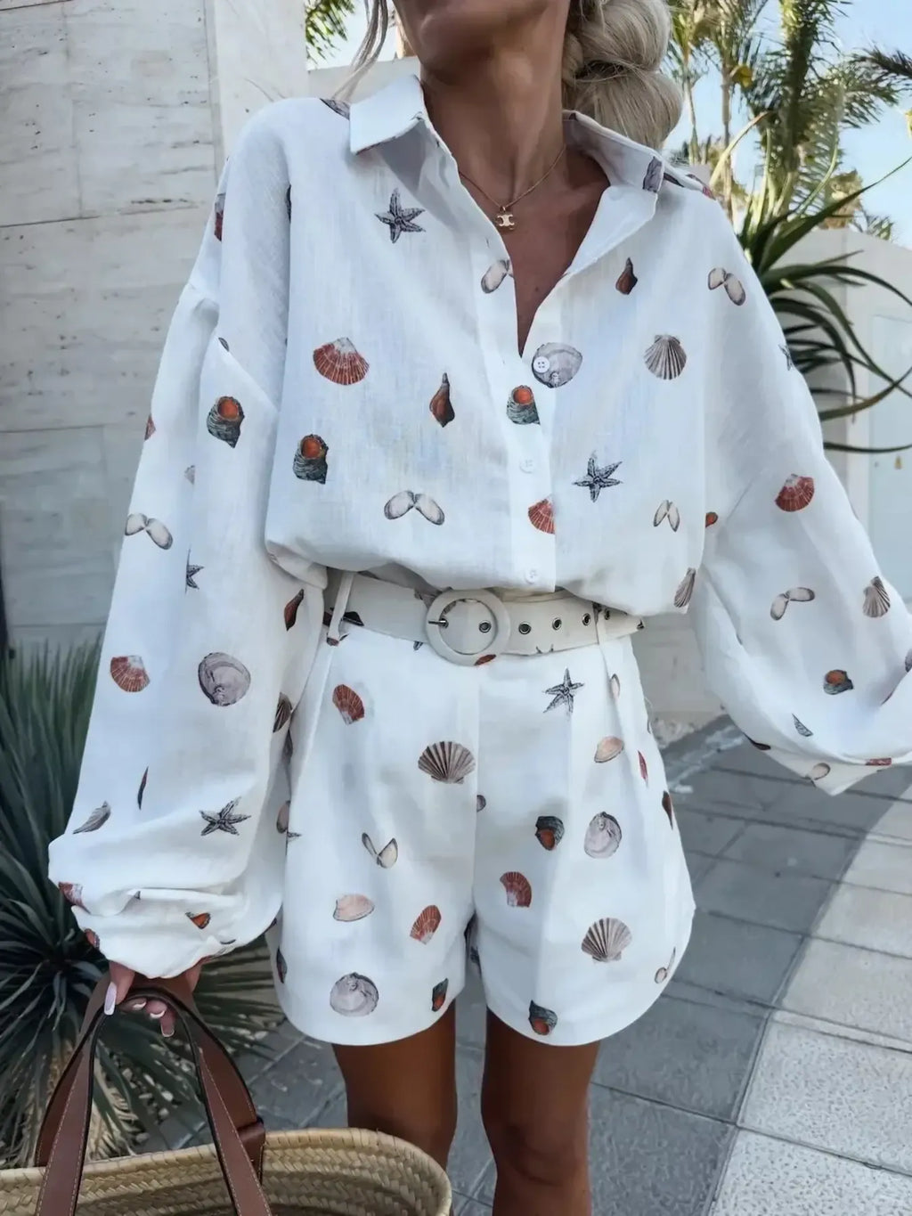 White Seashell-Print Button-Up Shirt & Shorts Set