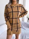 Windowpane Plaid Round-Neck Sweater Mini Dress