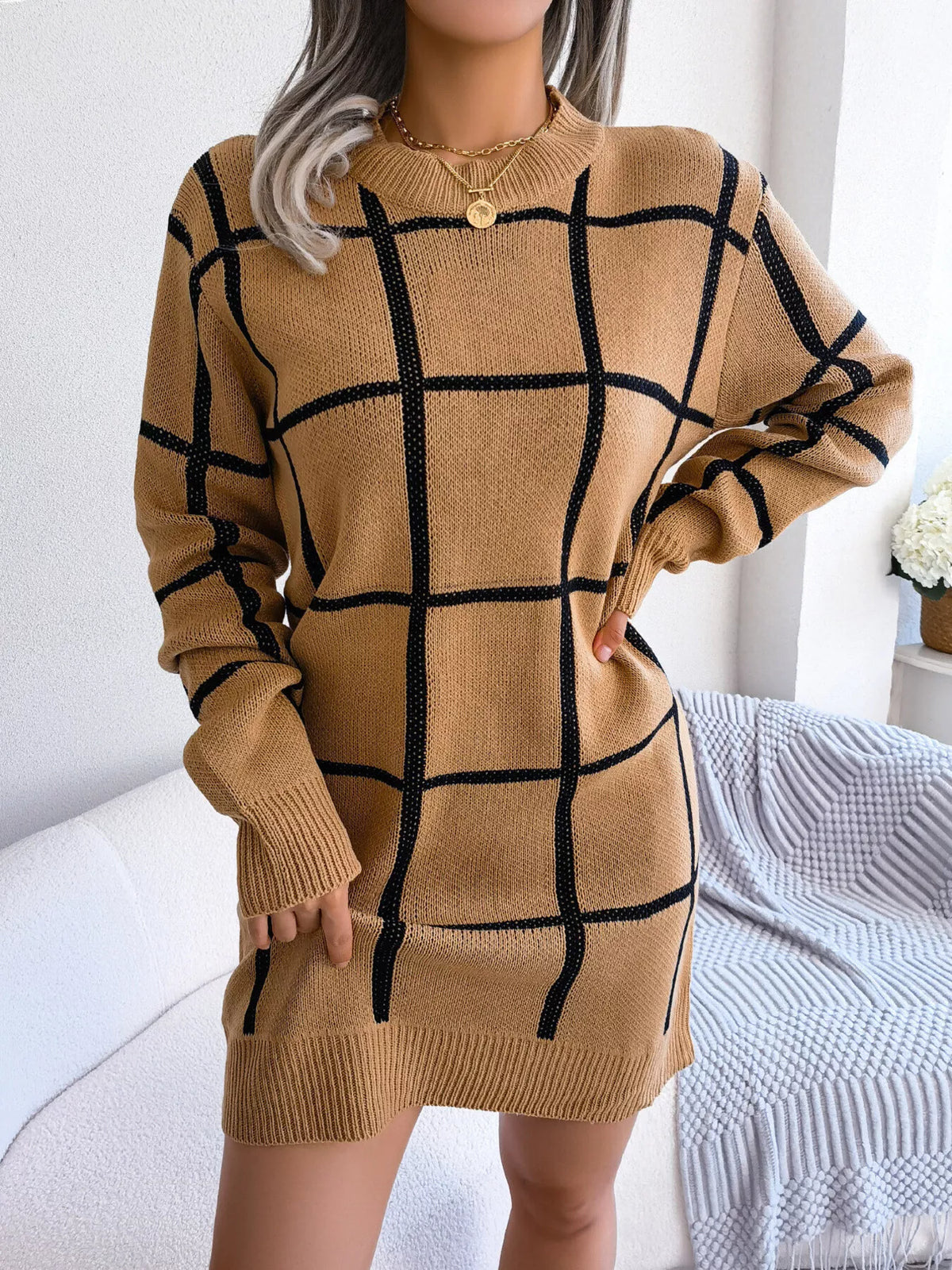 Windowpane Plaid Round-Neck Sweater Mini Dress