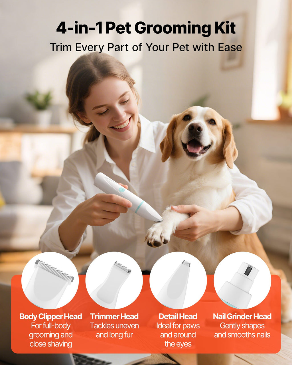 4-in-1 Dog Grooming Kit | Low Noise 7000 RPM Pet Clipper | 6 Combs, 4 Blades & Nail Grinder | IPX7 Waterproof | Dogs & Cats — Prime Trend Market
