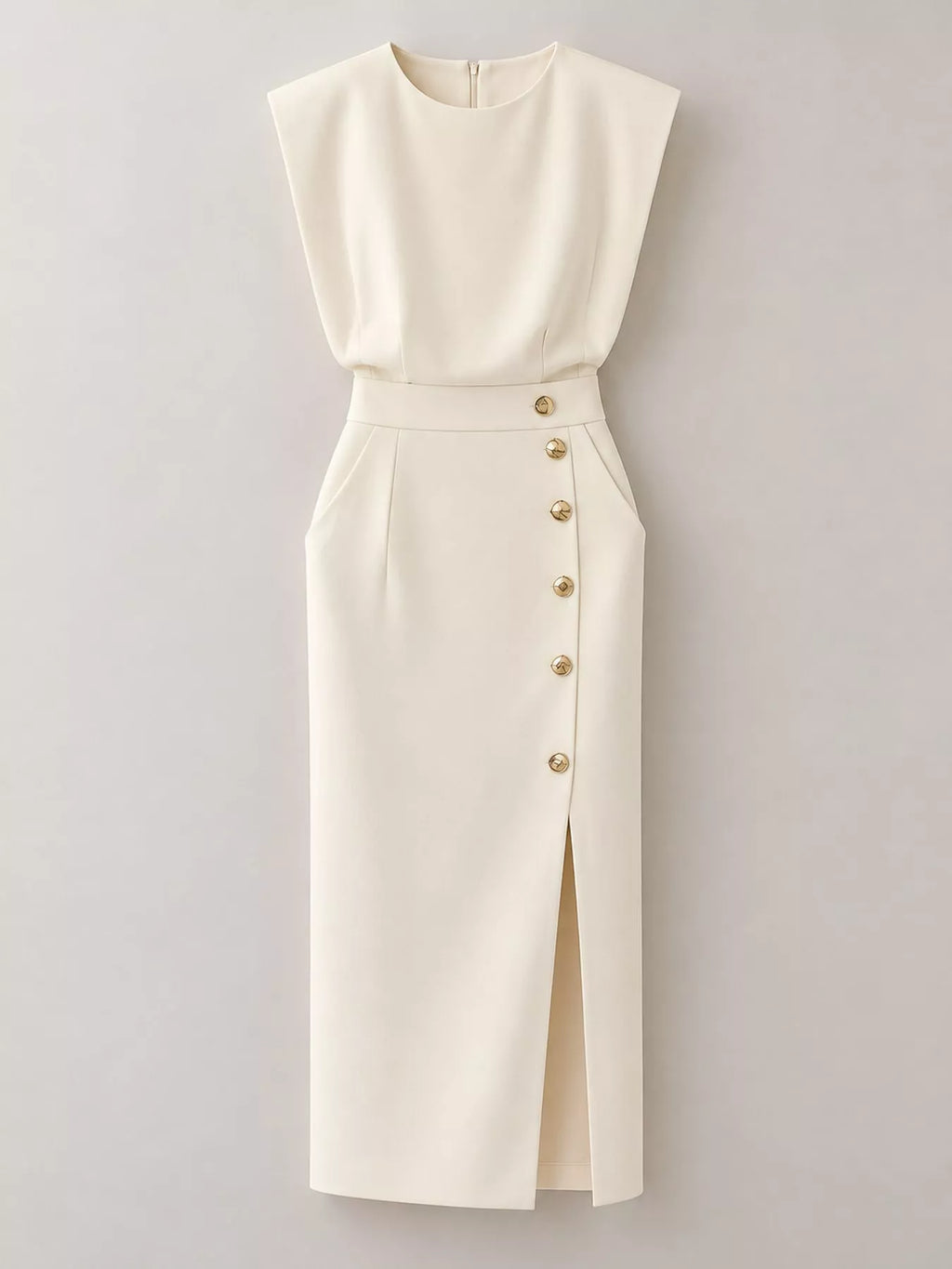 Sleeveless Gold-Tone Button-Detail Midi Dress