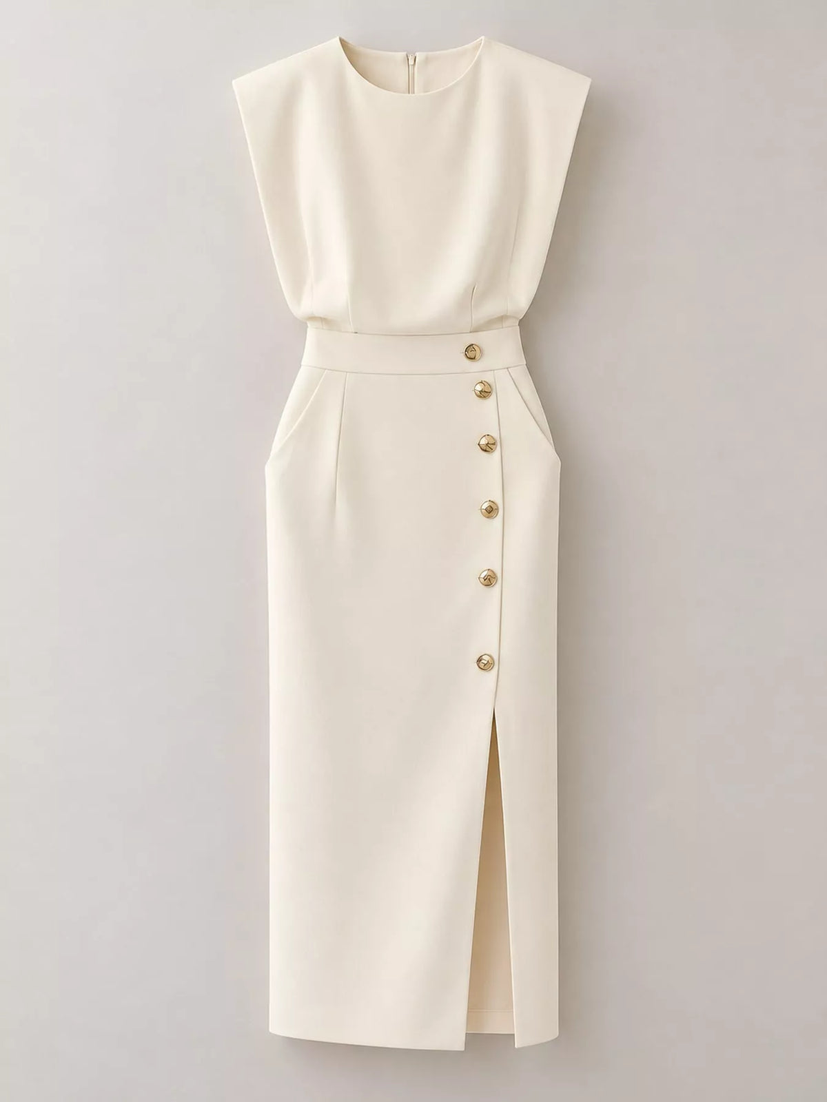 Sleeveless Gold-Tone Button-Detail Midi Dress