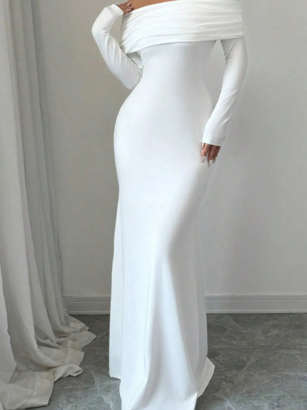 Off-Shoulder Twist-Back Long-Sleeve Bodycon Maxi Dress