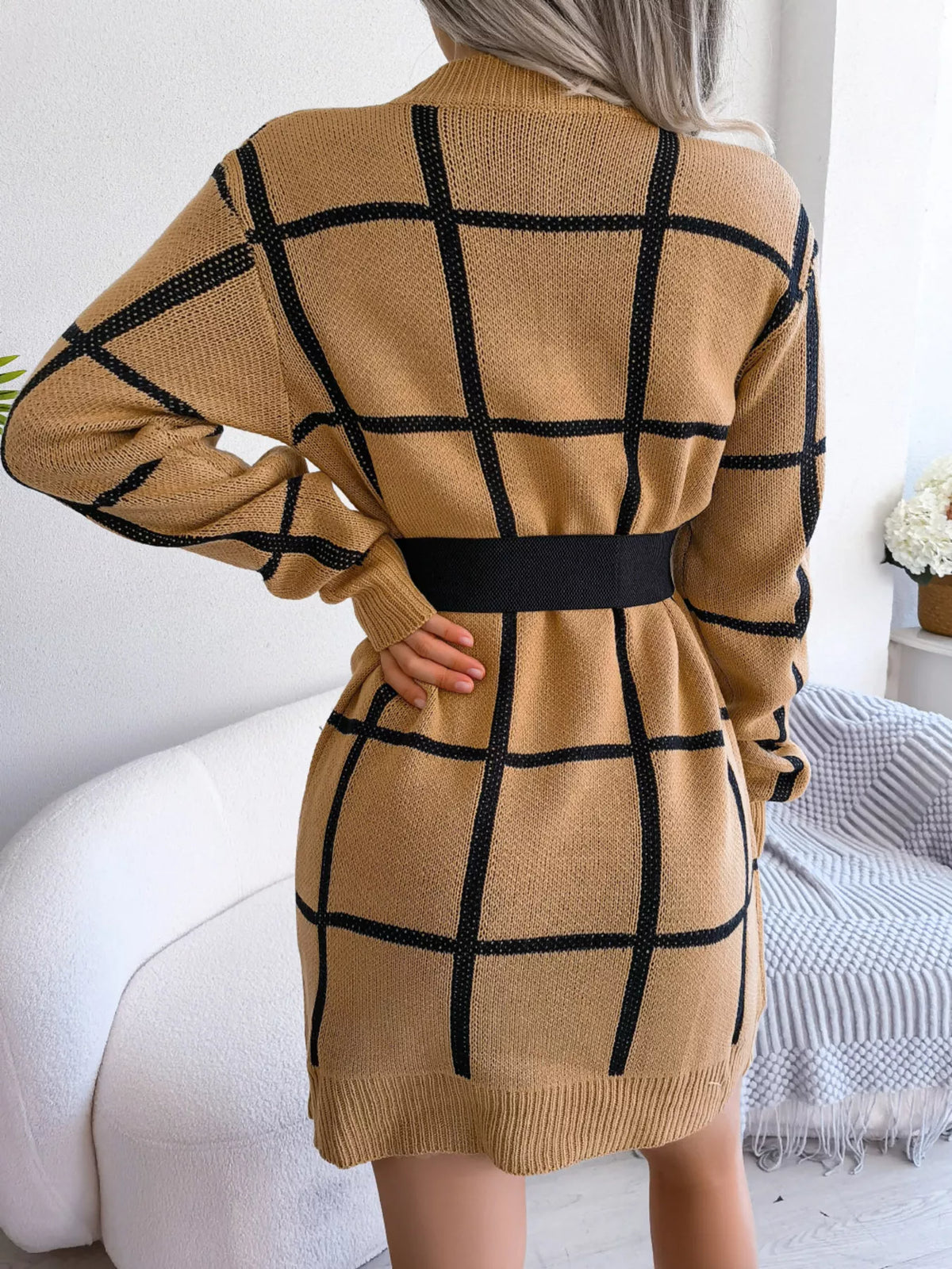 Windowpane Plaid Round-Neck Sweater Mini Dress