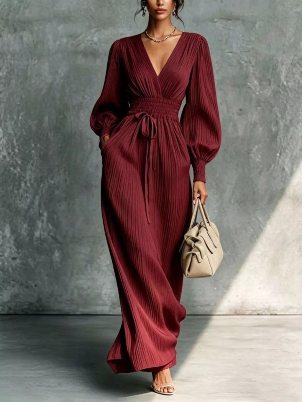 Pleated V-Neck Tie-Waist Maxi Dress