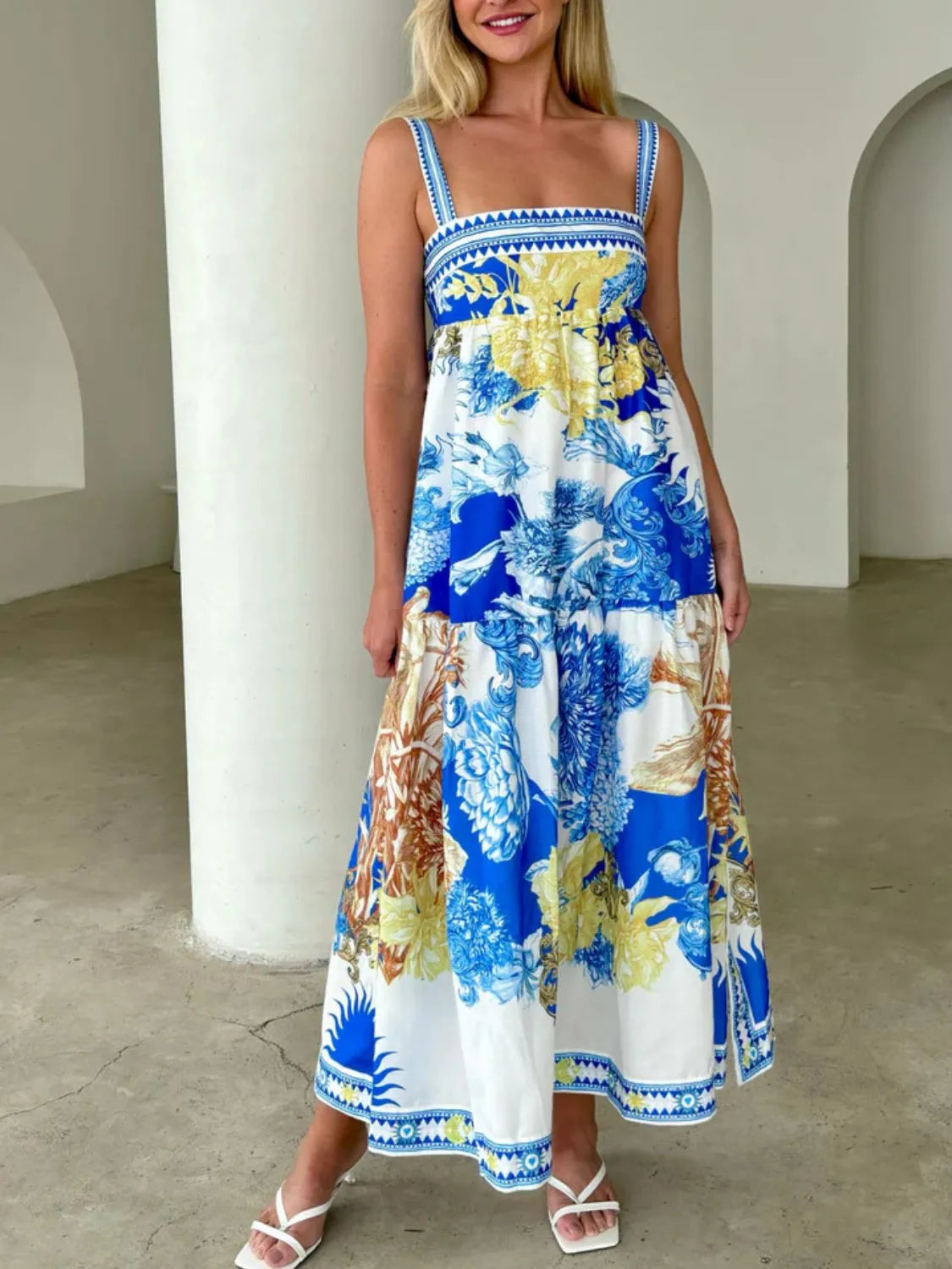 Blue Printed Sleeveless Cami Maxi Dress with Pockets
