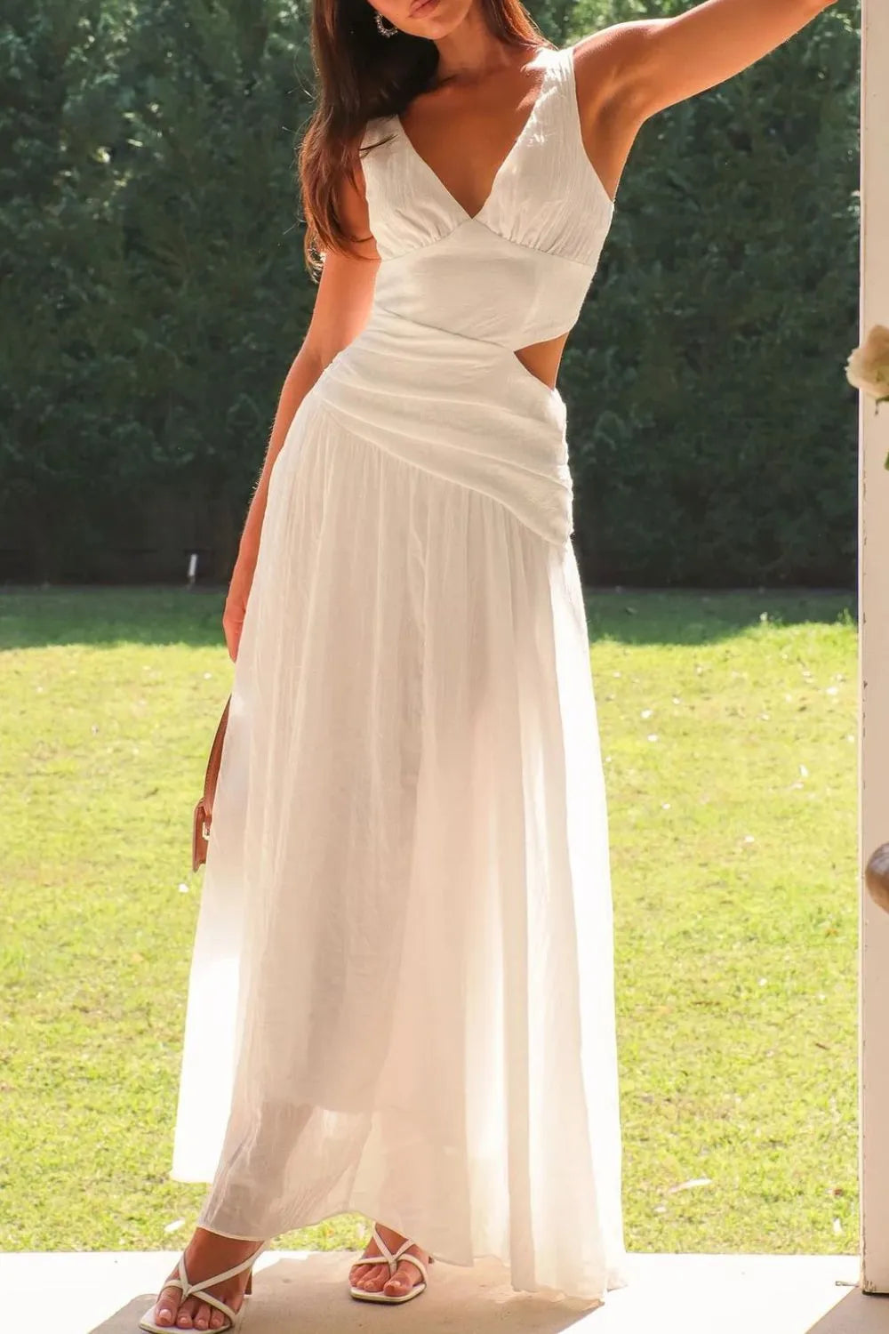 V-Neck Side-Cutout Ruched Maxi Dress