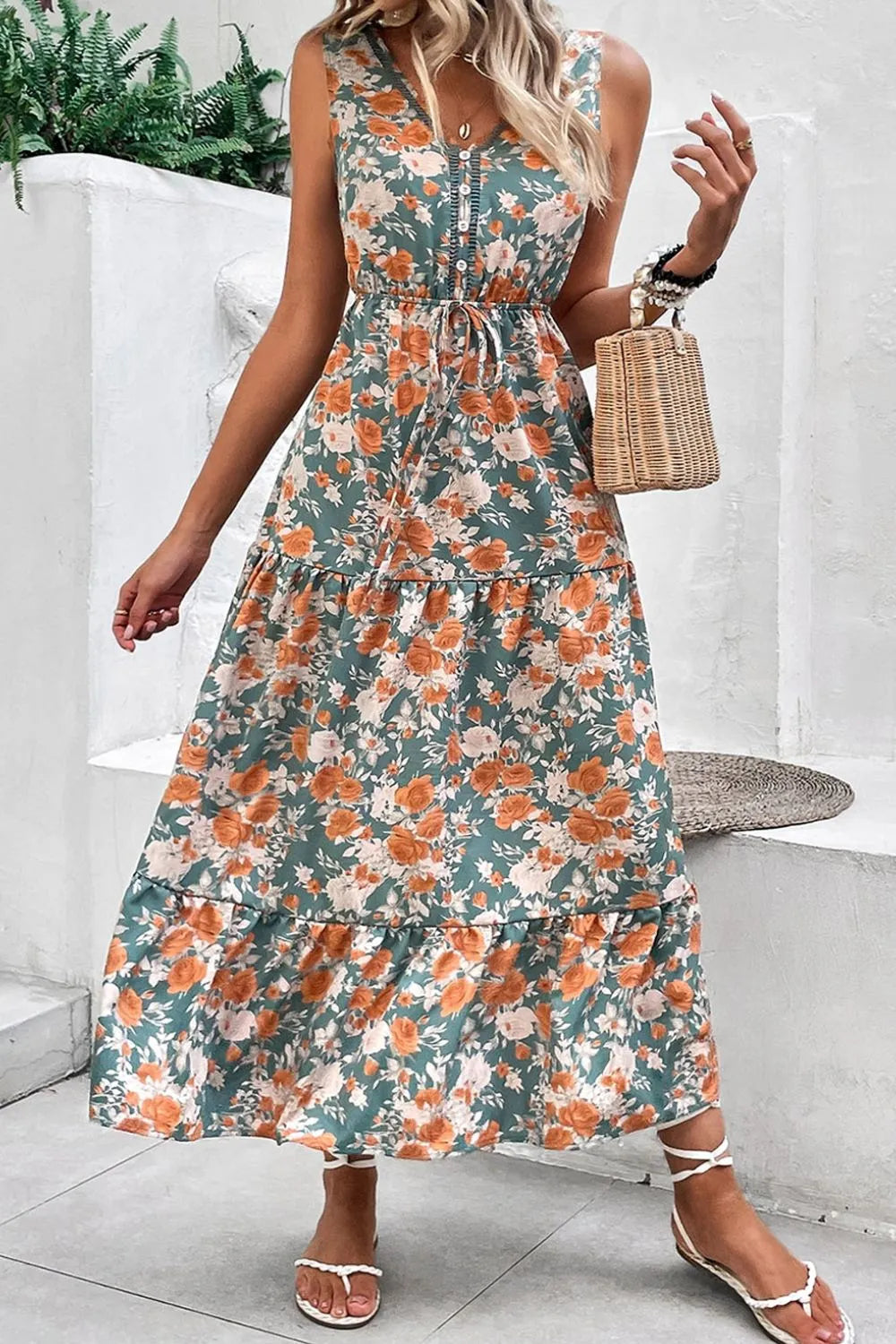 Floral V-Neck Tie-Waist Sleeveless Tiered Dress