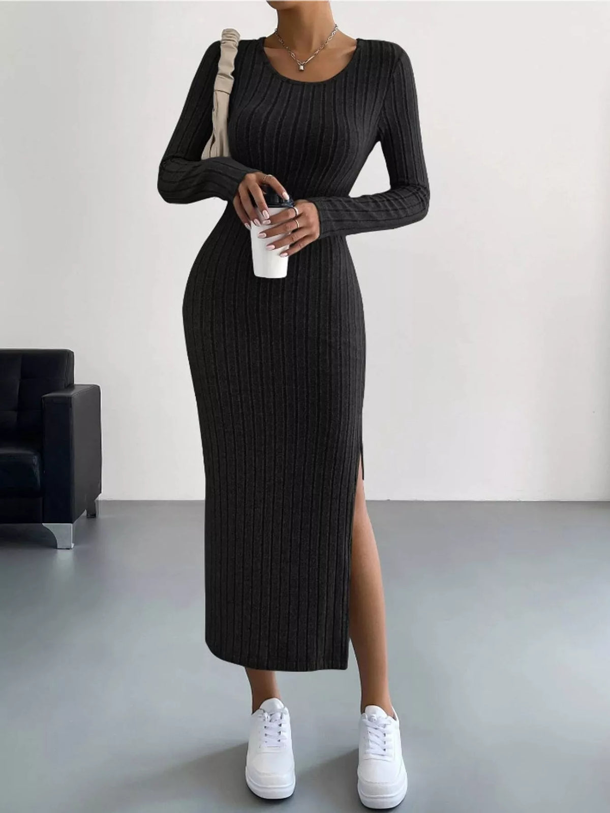 Long-Sleeve Side-Slit Ribbed Knit Midi Dress