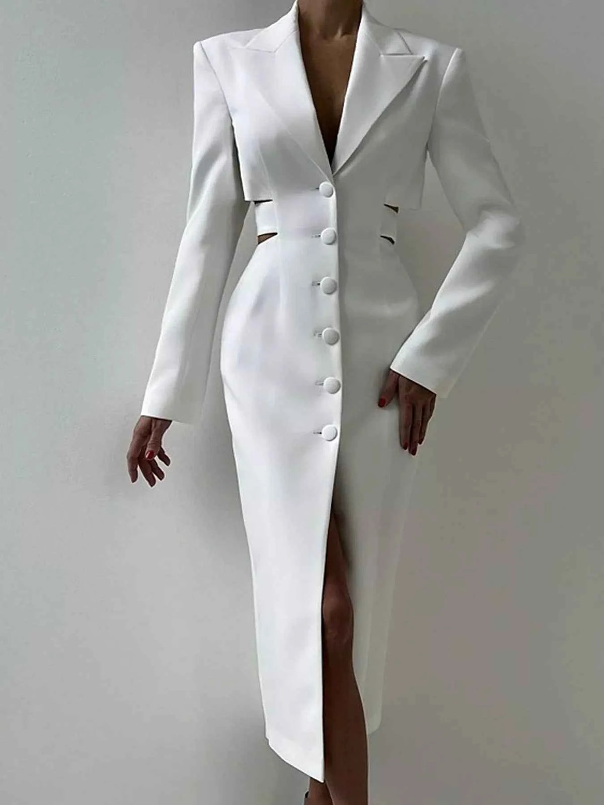 Button-Front Cutout-Waist Blazer Dress