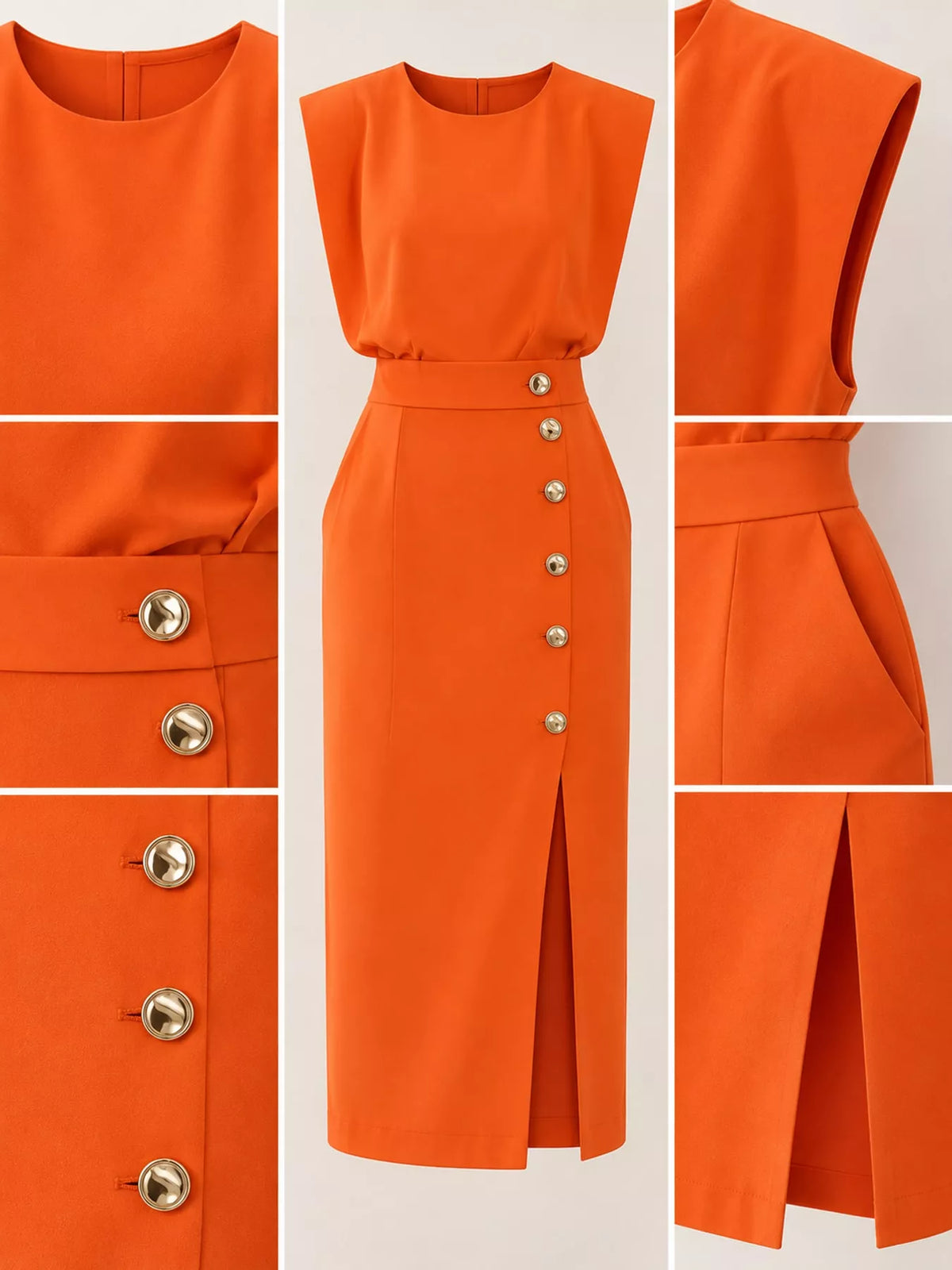 Sleeveless Gold-Tone Button-Detail Midi Dress