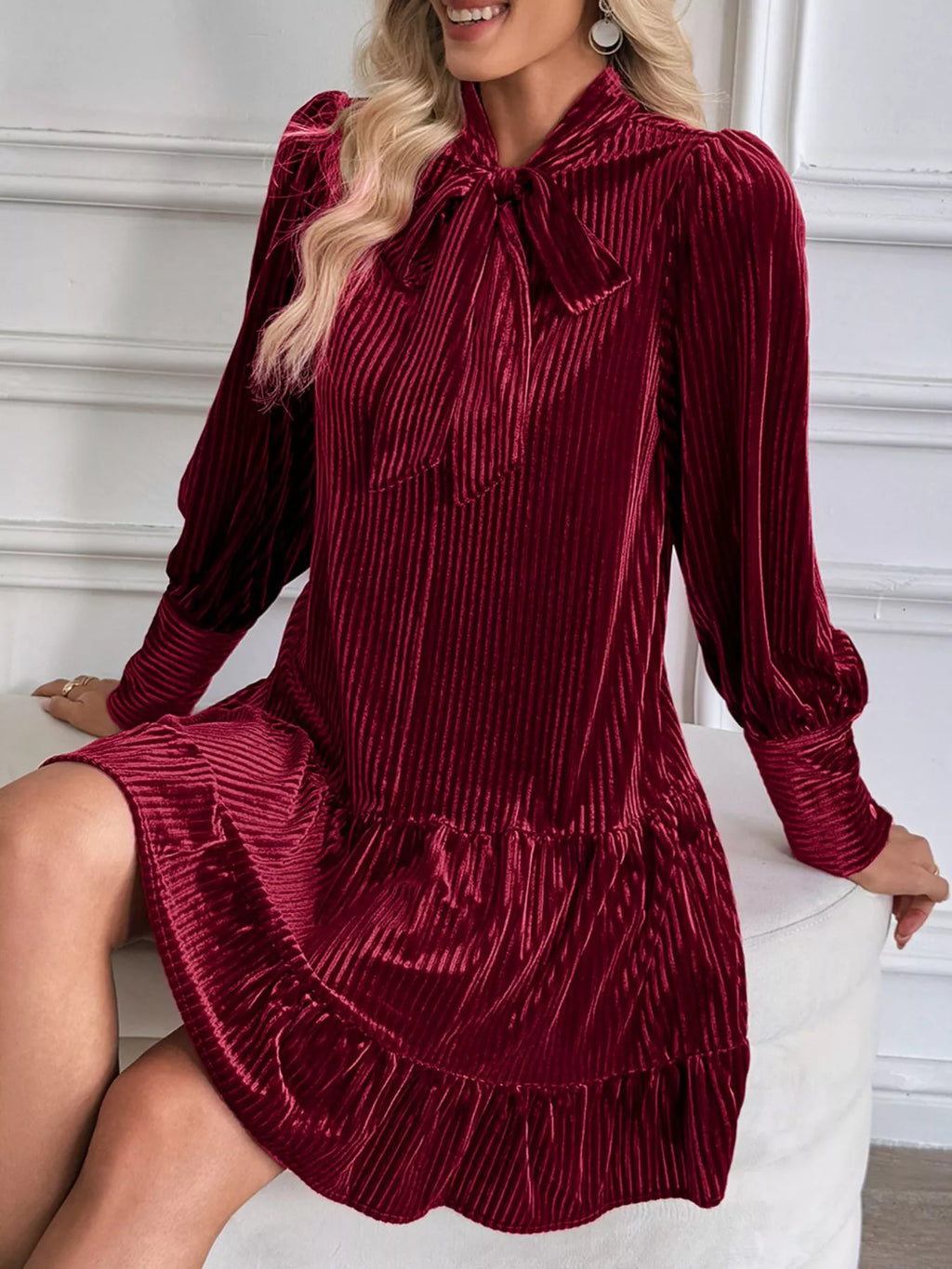 Perfee Burgundy Tie-Neck Velvet Tiered Mini Dress
