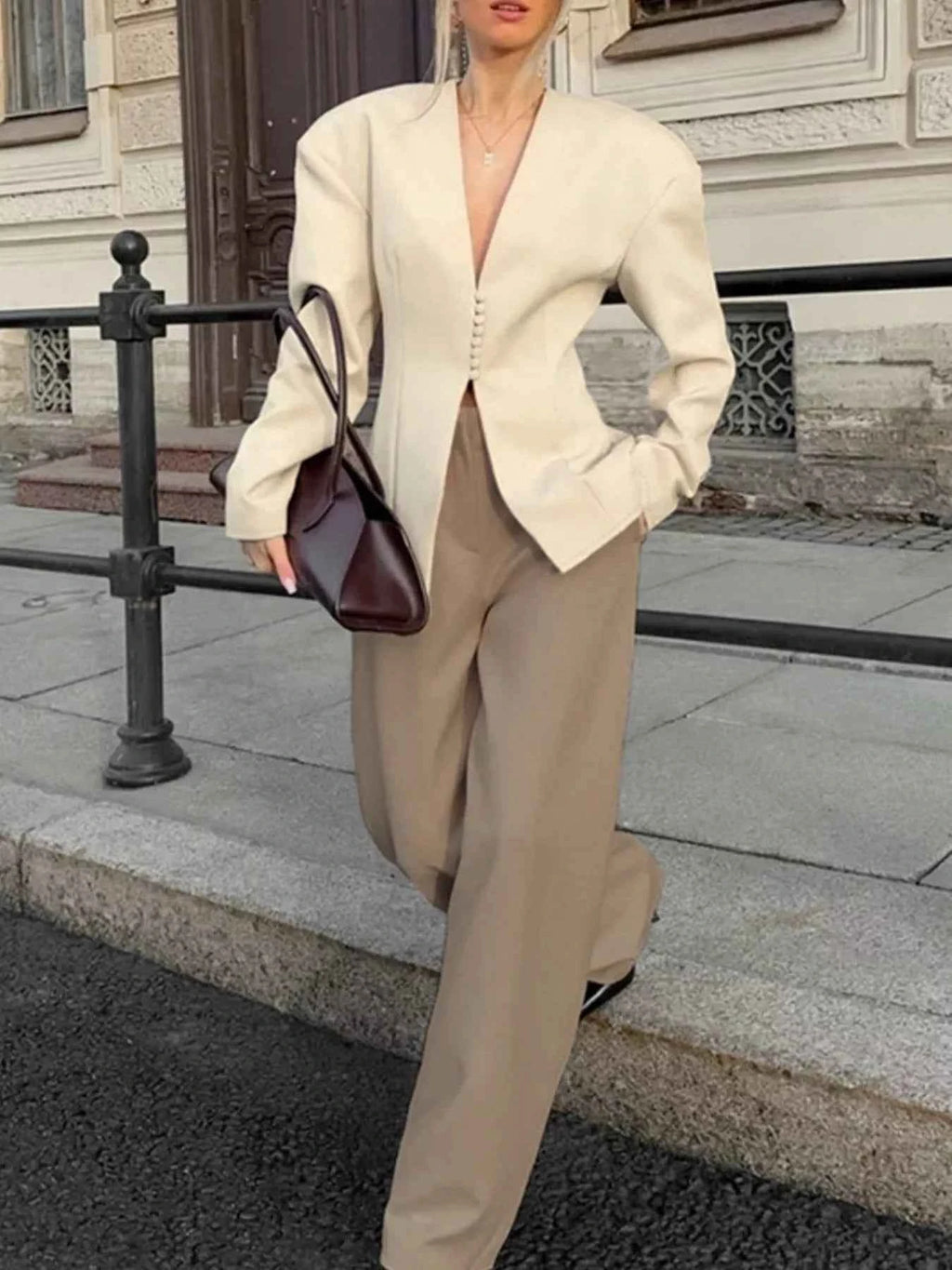 Beige Unlined V-Neck Button-Front Blazer