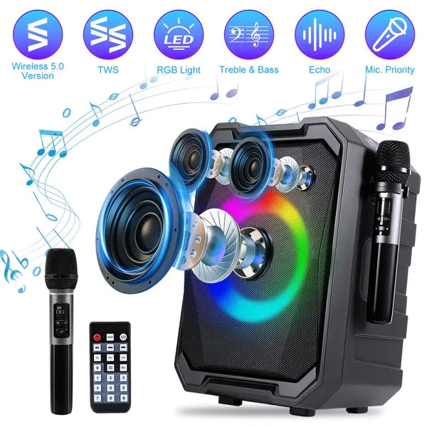 Portable Wireless Party Speaker | LED Light Show | 2 Wireless Mics | 80W Bass | Remote Control | TWS — Eliza & Tuan