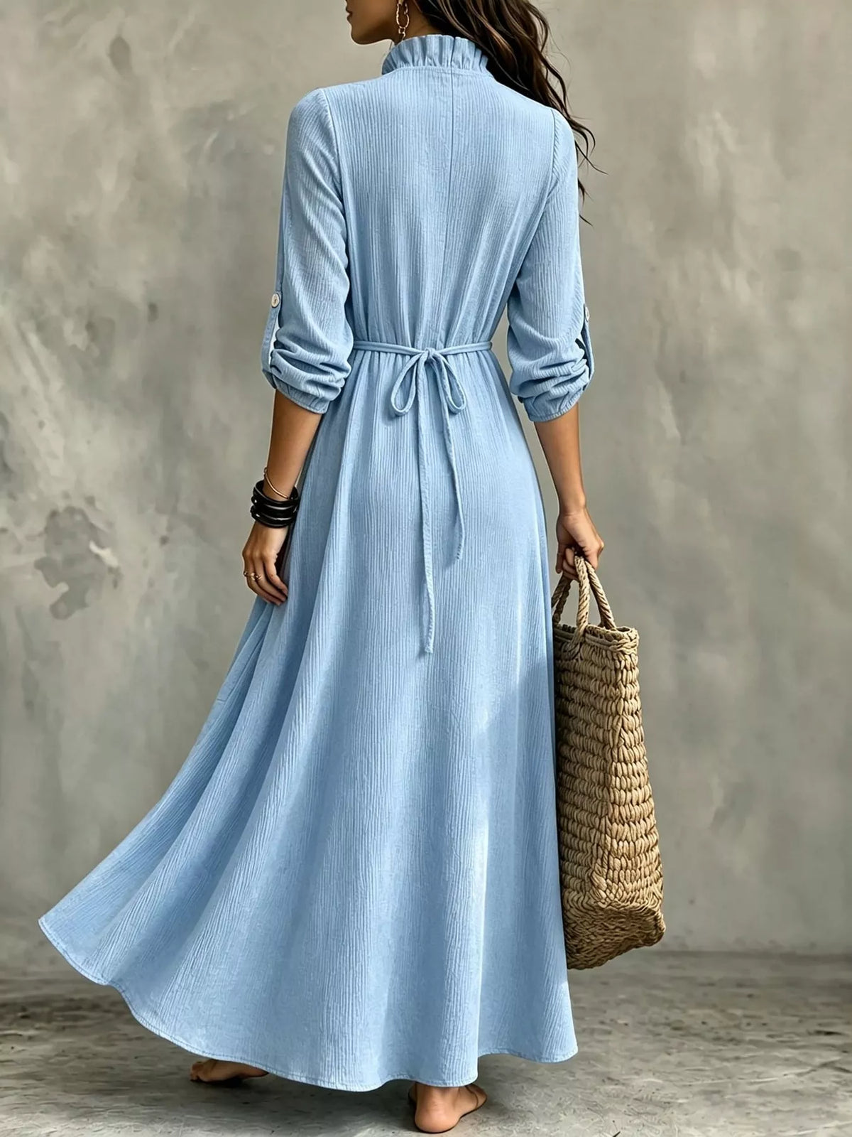 Frill V-Neck Roll-Tab Sleeve Maxi Dress, XS–3XL