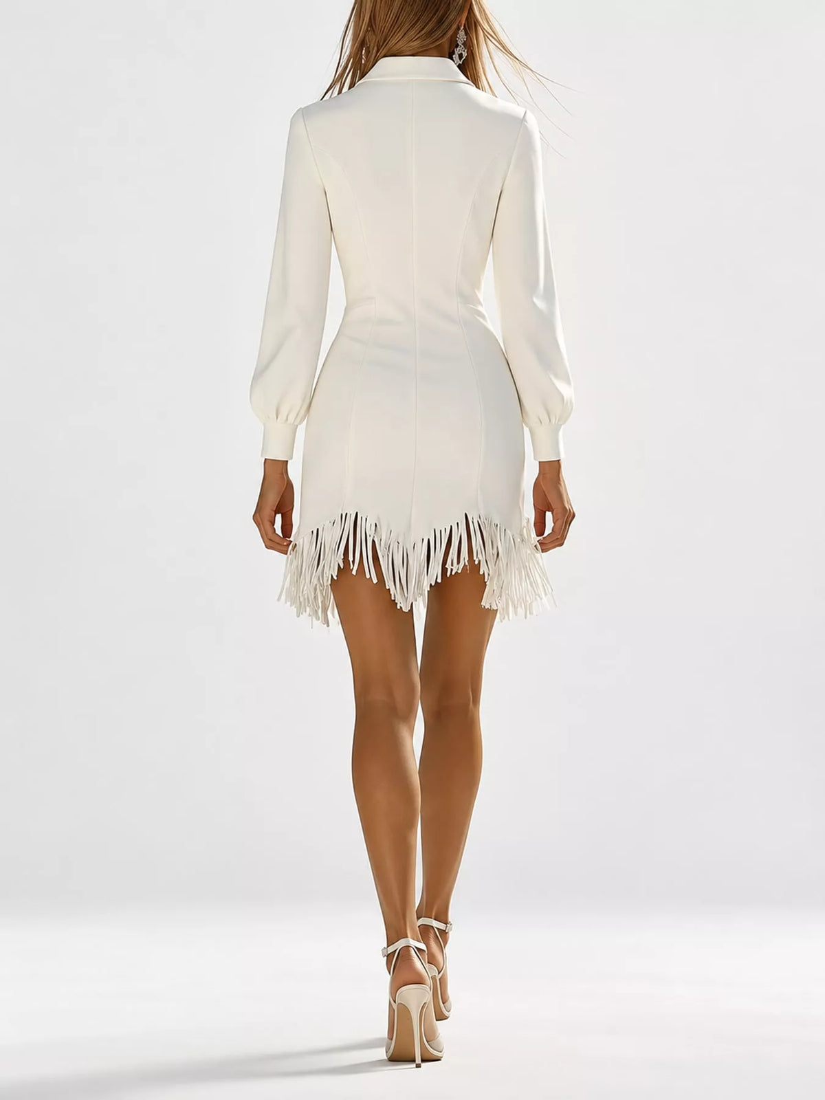 Zip-Front Long-Sleeve Fringe-Hem Mini Dress