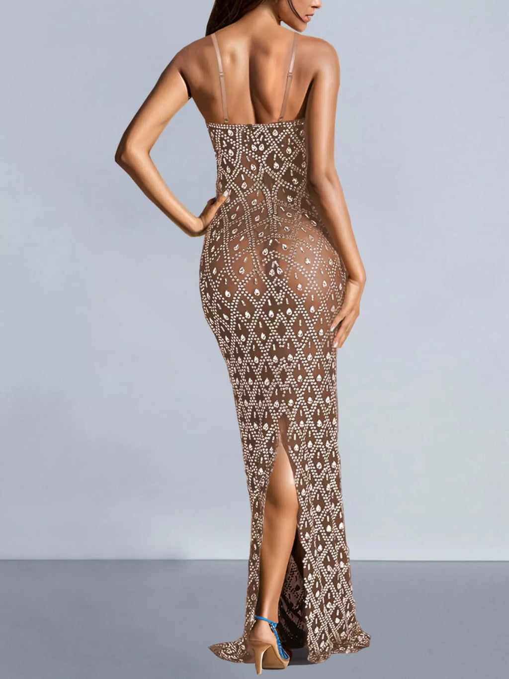 Rhinestone-Embellished Sheer Mesh Maxi Dress