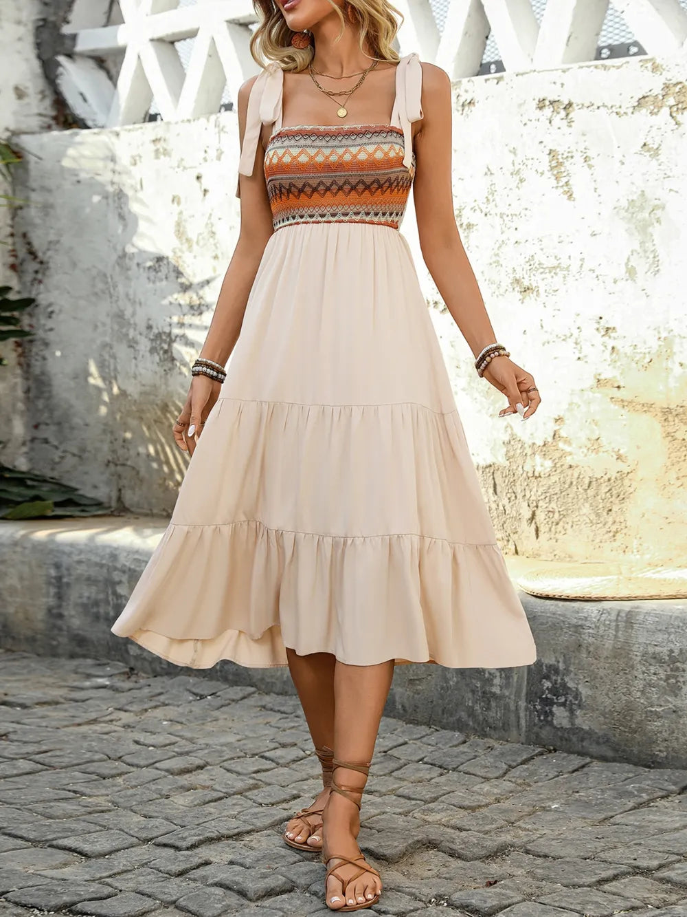 Tie-Shoulder Square-Neck Tiered Midi Dress