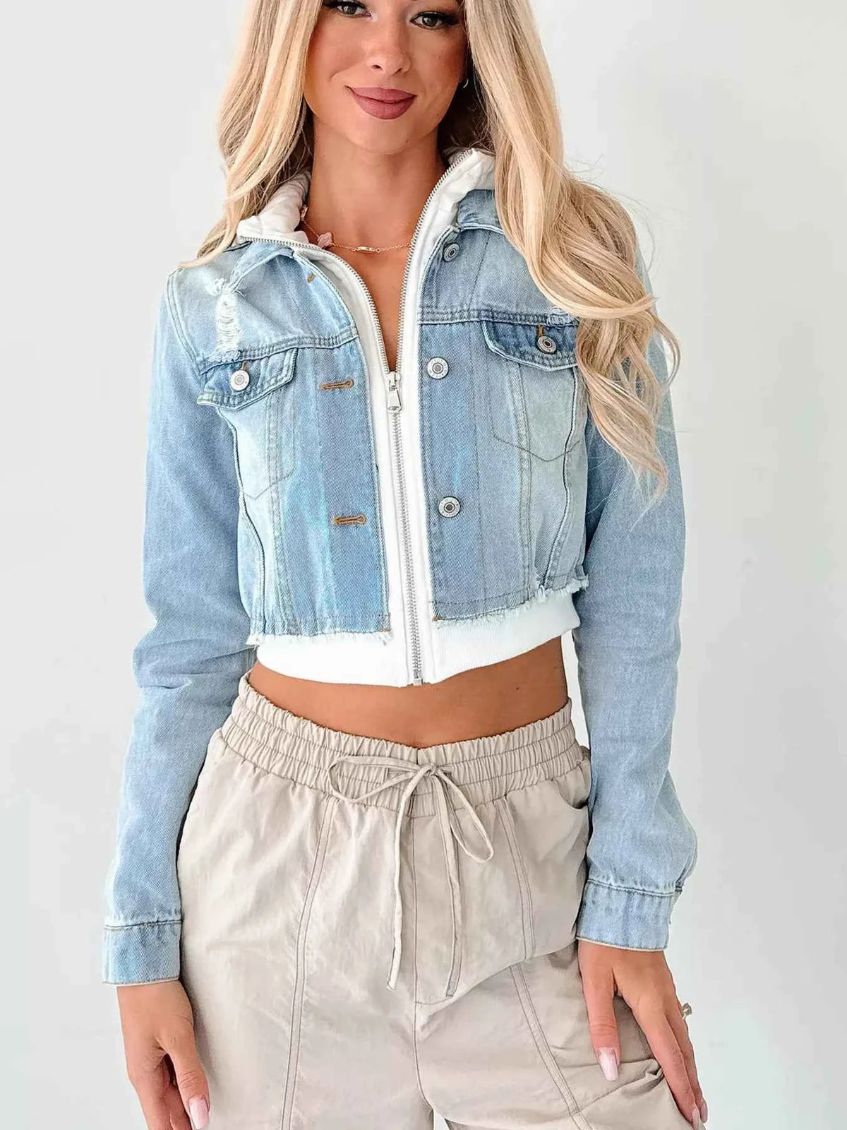 Cropped Hooded Denim Jacket